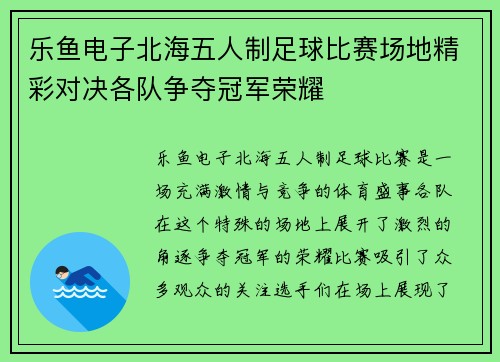 乐鱼电子北海五人制足球比赛场地精彩对决各队争夺冠军荣耀