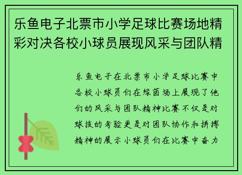 乐鱼电子北票市小学足球比赛场地精彩对决各校小球员展现风采与团队精神