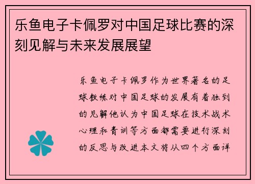 乐鱼电子卡佩罗对中国足球比赛的深刻见解与未来发展展望