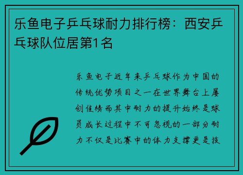 乐鱼电子乒乓球耐力排行榜：西安乒乓球队位居第1名