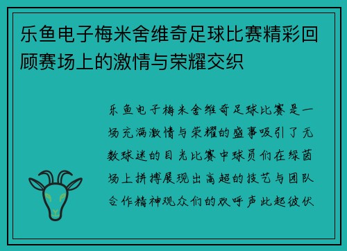 乐鱼电子梅米舍维奇足球比赛精彩回顾赛场上的激情与荣耀交织